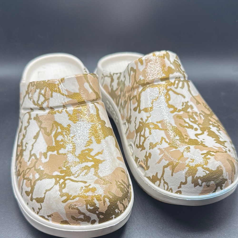 Oofos Cream Gold Tan Slip Ons
